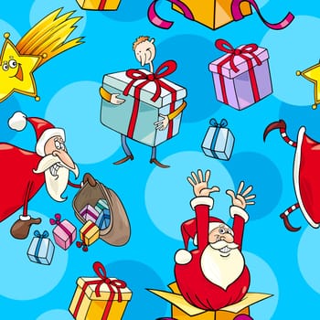 Seamless Pattern Cartoon Illustration of Santa Clauses and other Christmas Themes for Wrapper or Paper Pack and Design