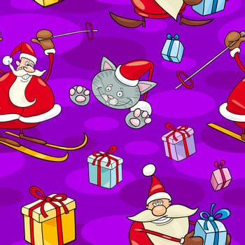 Seamless Pattern Cartoon Illustration of Santa Clauses and other Christmas Themes for Wrapper or Paper Pack and Design