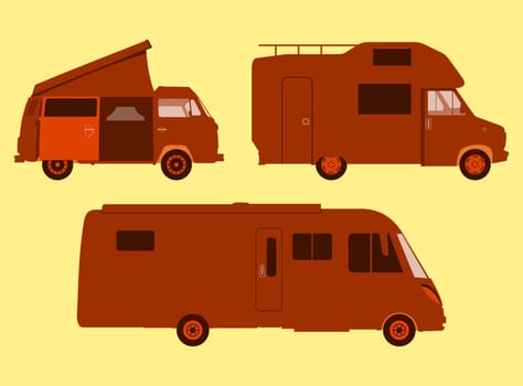 Orange illustration of three sizes of RV or motorhome