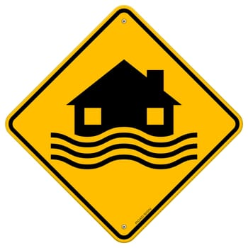House and waves on yellow sign isolated on white background