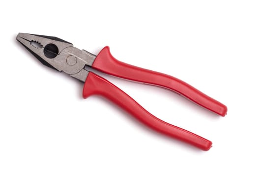 Combination pliers with red handle on white background