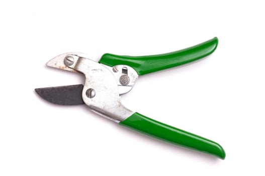 Open secateurs on white background