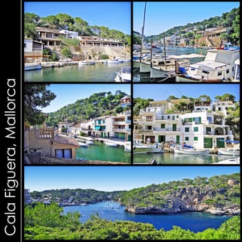 postcard collage with different views of the fisherme's village cala figuera, mallorca
