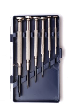 Set of watchmaker screwdrivers in a plastic box