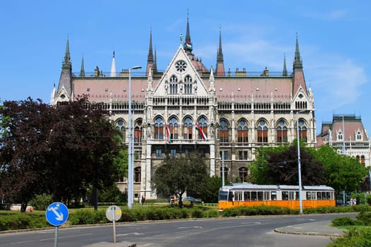 A picture of the Tram and the Hungarian Parliament