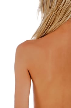 Attrative woman's back with blonde hair isolated on a white background