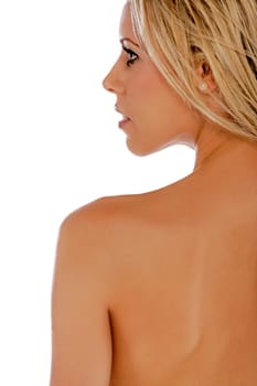Attrative woman's back with face in profile with blonde hair isolated on a white background