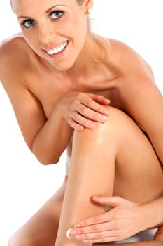 Beautiful young woman in beauty style pose naked on white background