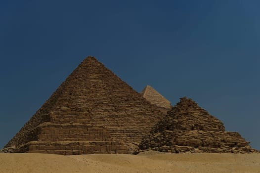 A row of camels transport tourists in front of all of the Giza Pyramids in Cairo, Egypt