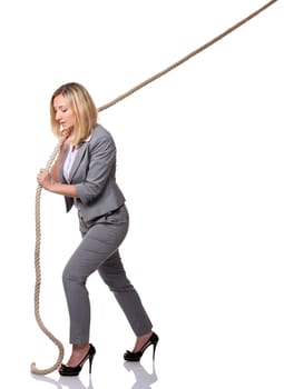 young businesswoman pull rope isolated on white
