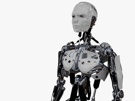 A male cyborg gazing into the future. Isolated on white background.