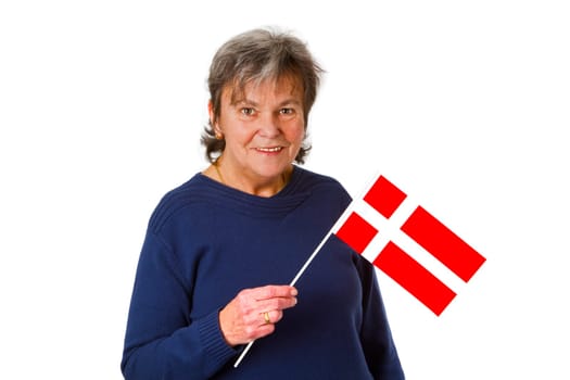 Senior woman with Danish national flag - isolated on white background