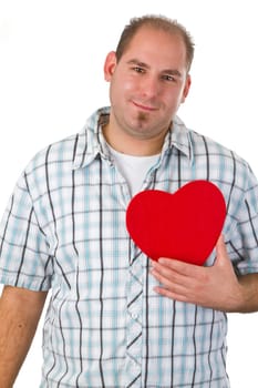 Young man with heart isolated on white background
