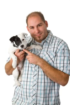 Young man with Pasron Jack Russel isolated on white background