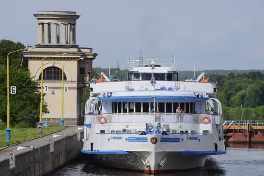 Cruise ship on the river lock of Moscow canal. Taken on July 2012