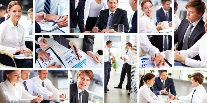 Collage of busy people discussing work and studying