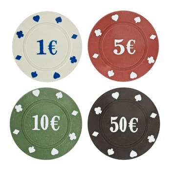 four poker chips isolated on white background