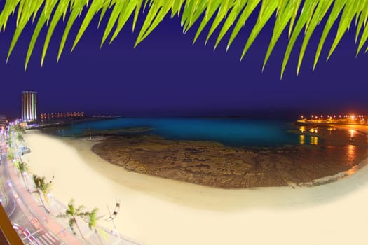 Arrecife Lanzarote Playa del Reducto beach aerial night view in Canary Islands