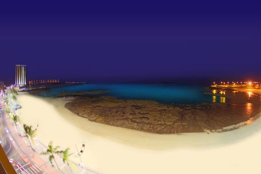 Arrecife Lanzarote Playa del Reducto beach aerial night view in Canary Islands