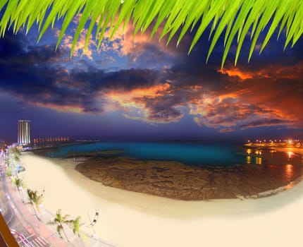 Arrecife Lanzarote Playa del Reducto beach aerial night view in Canary Islands