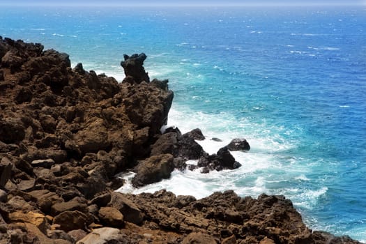 Lanzarote El golfo Atlantic ocean volcanic stones shore aerial view