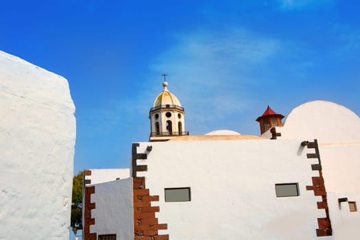 Lanzarote Teguise white village with church tower in Canary Islands
