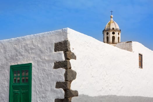 Lanzarote Teguise white village with church tower in Canary Islands