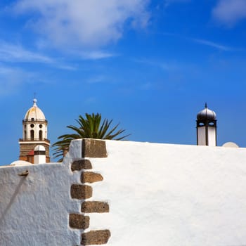 Lanzarote Teguise white village with church tower in Canary Islands