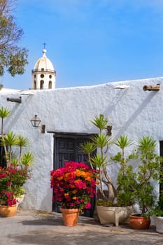 Lanzarote Teguise white village with church tower in Canary Islands