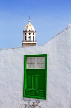 Lanzarote Teguise white village with church tower in Canary Islands