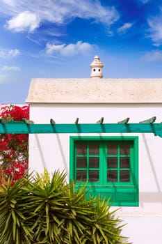 Lanzarote Teguise white village with church tower in Canary Islands