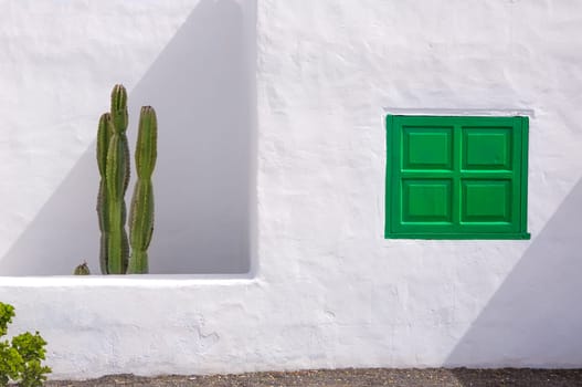 Lanzarote san Bartolome white typical house cactus and green window