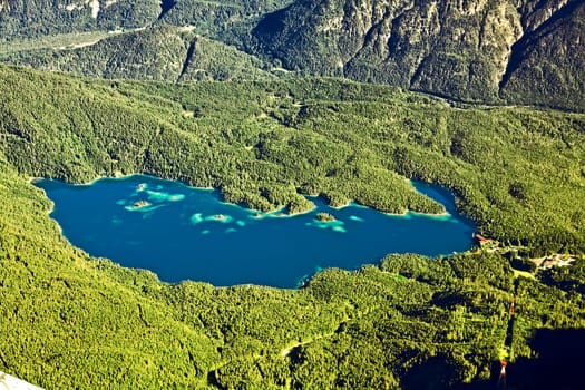 Lake Eibsee at the foot of the mountain Zugspitze