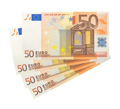 four fifty euro banknotes on top of each other and isolated on white