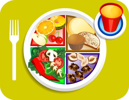 Vector illustration of Vegan or Vegetarian Breakfast items for the new my plate replacing food pyramid.