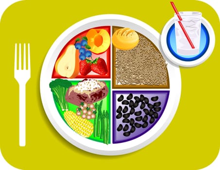 Vector illustration of Vegan or Vegetarian Dinner items for the new my plate replacing food pyramid.