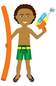 Vector Illustration of little boy with noodle and water gun.
