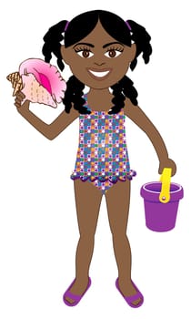 Vector of Afro girl in swimsuit with popsicle and lifesaver.