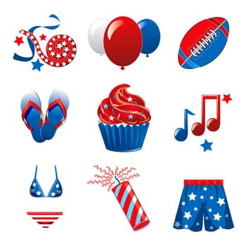 Vector Illustration of nine icons for the 4th of July Independence Celebration.