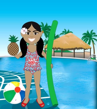 Vector Illustration of Hawaiian girl poolside resort with pineapple, noodle and beach ball.