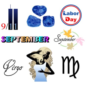 Vector Illustration of eight September Icons including birthstones, holidays and zodiac symbols.