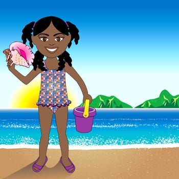 Vector Illustration of a Conch Shell girl with a Beach Background.