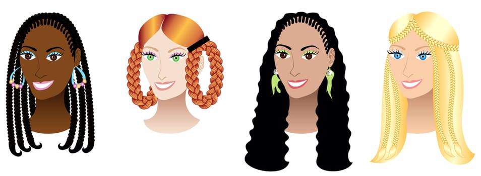 Vector Illustration set of four women with braids, plaits or cornrows.