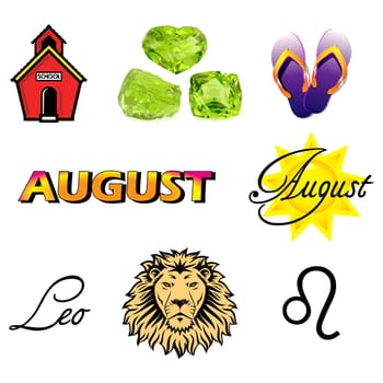 Vector Illustration of nine August Icons including birthstones, holidays and zodiac symbols.