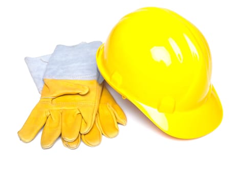 Hard Hat And Leather Gloves on white