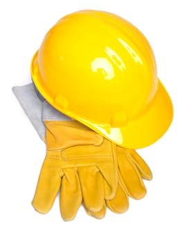 Hard Hat And Leather Gloves on white