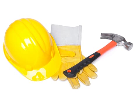 HardHat Hammer And Leather Gloves on white