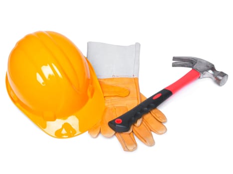 Orange HardHat Hammer And Leather Gloves on white