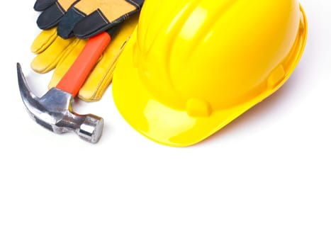 HardHat Hammer And Leather Gloves on white