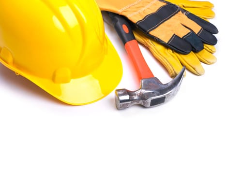HardHat Hammer And Leather Gloves on white